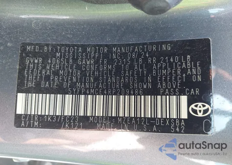 2024 Toyota Corolla Se из США, поврежденный, VIN 5YFP4MCE4RP209486